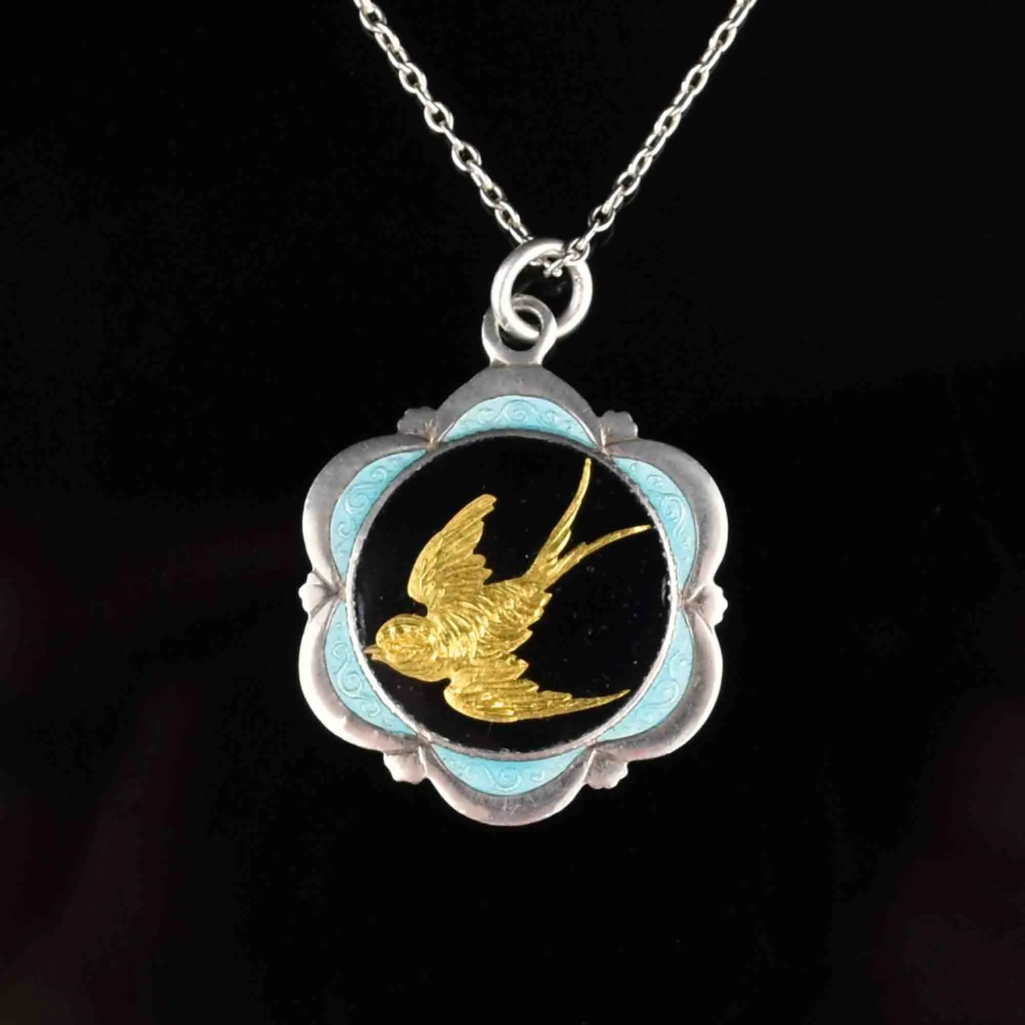 Vintage Art Deco Gold Swallow Enamel Pendant Necklace