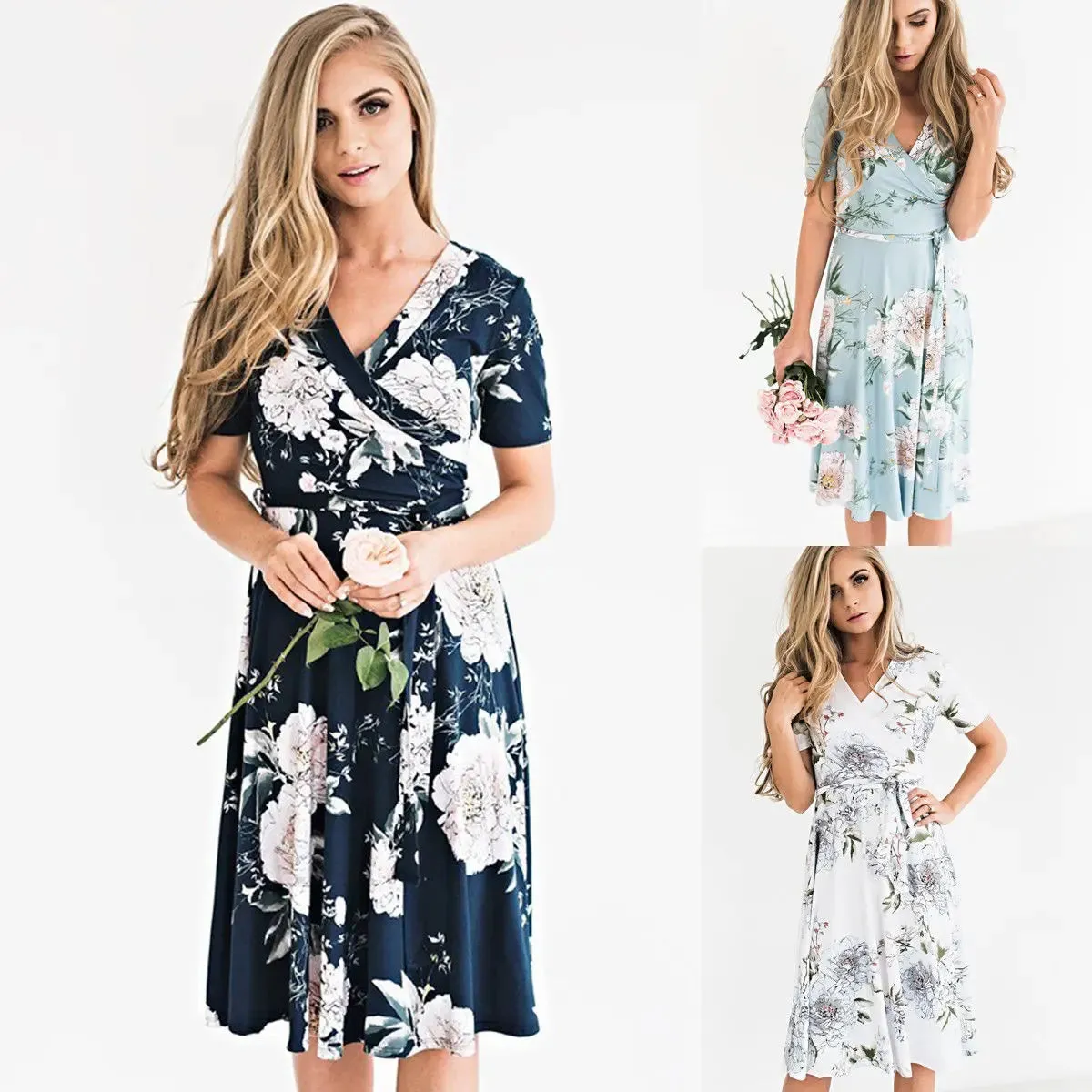 Women Summer Casual Chiffon Dress Boho Midi Flowers Printed Short Sleeve V-neck Dress Evening Party/Beach Dress/Floral Sundress