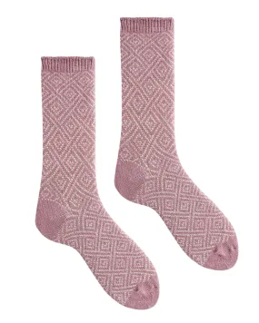 Women's Geometric Diamond Wool Cashmere Crew Socks (Rosewood)