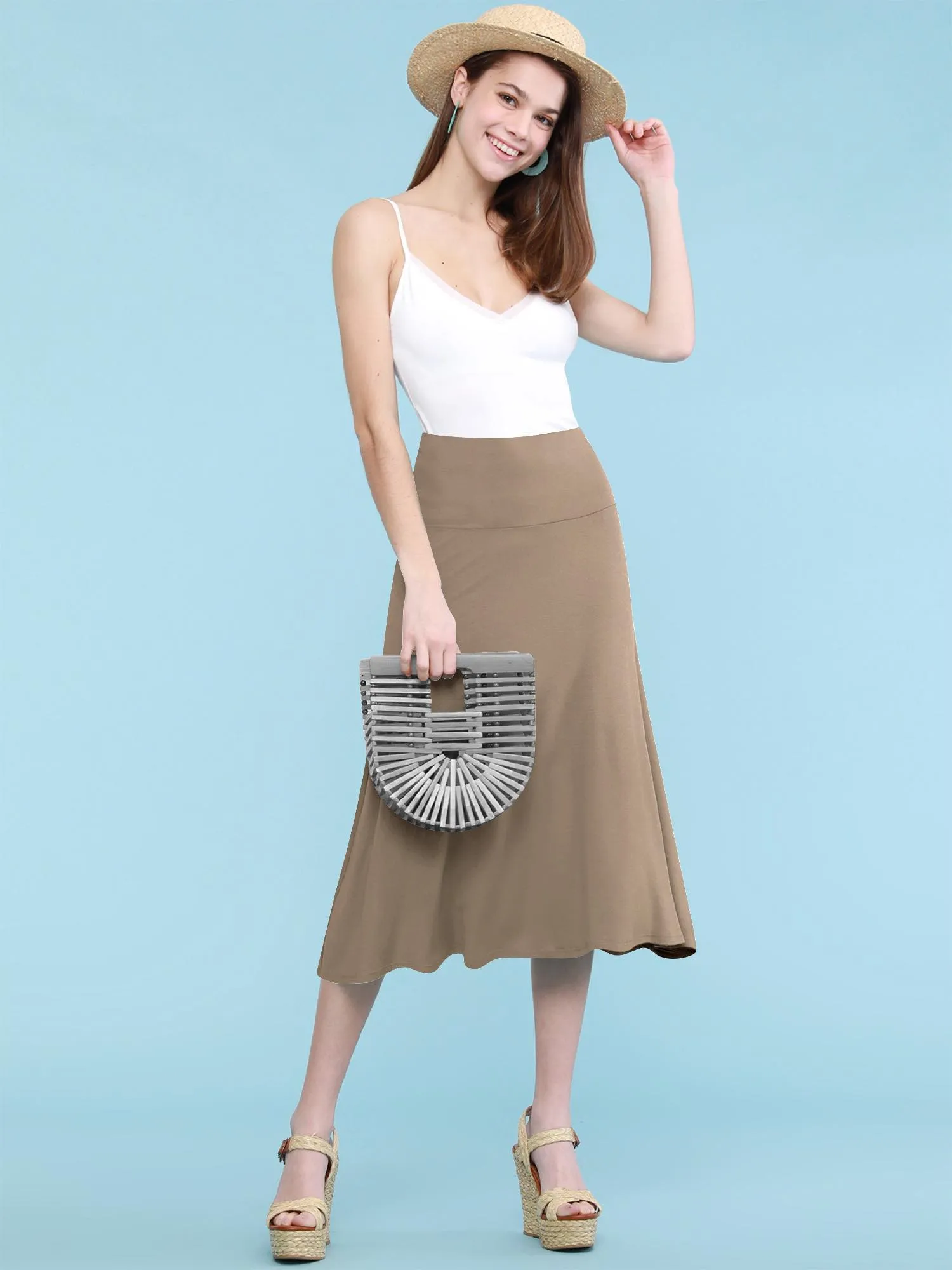 Women's Solid Lightweight Flare Midi Pull On Skirt