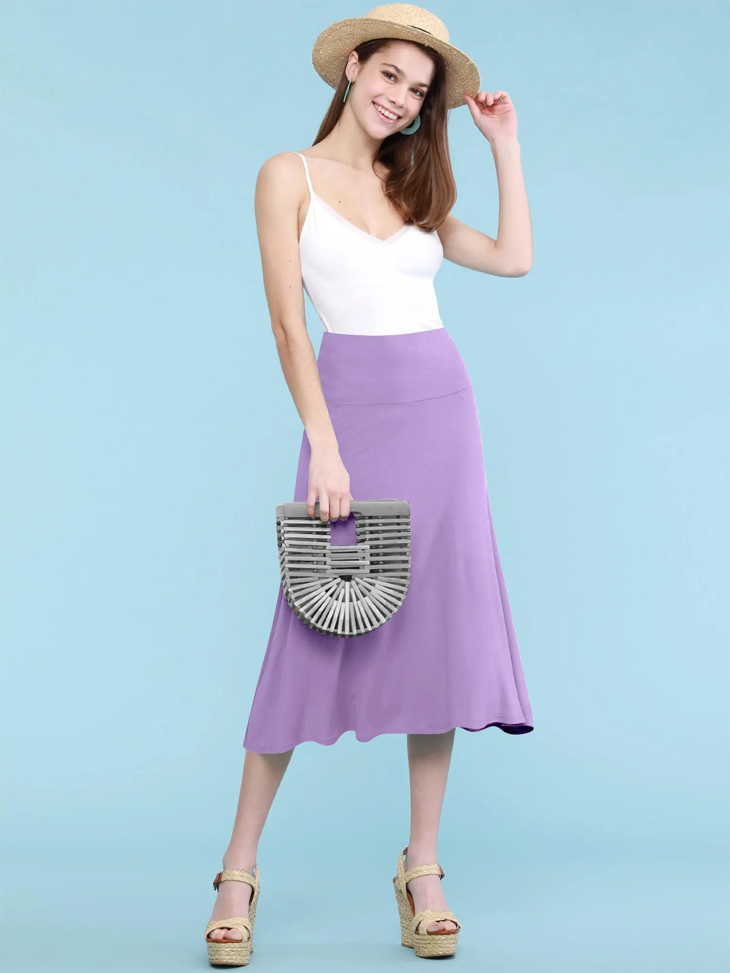 Women's Solid Lightweight Flare Midi Pull On Skirt