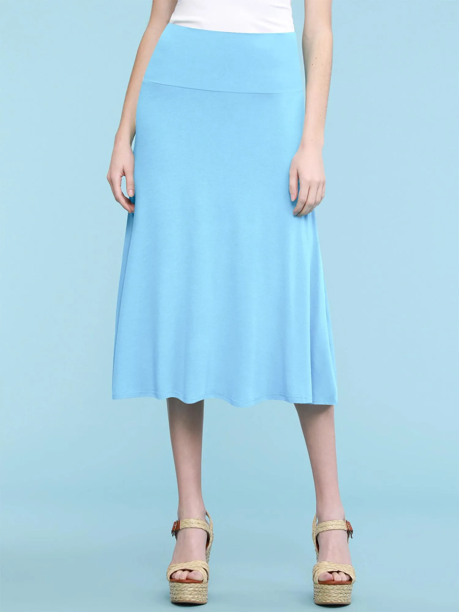 Women's Solid Lightweight Flare Midi Pull On Skirt