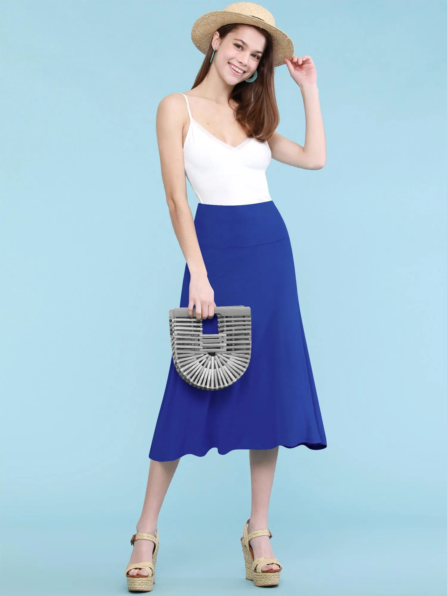 Women's Solid Lightweight Flare Midi Pull On Skirt