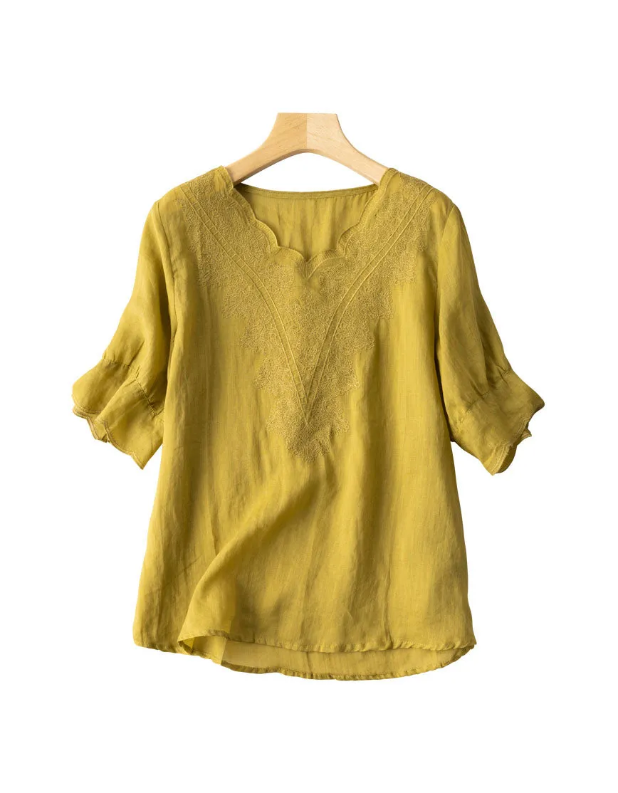 Women's Summer V-neck Ramie Shirt