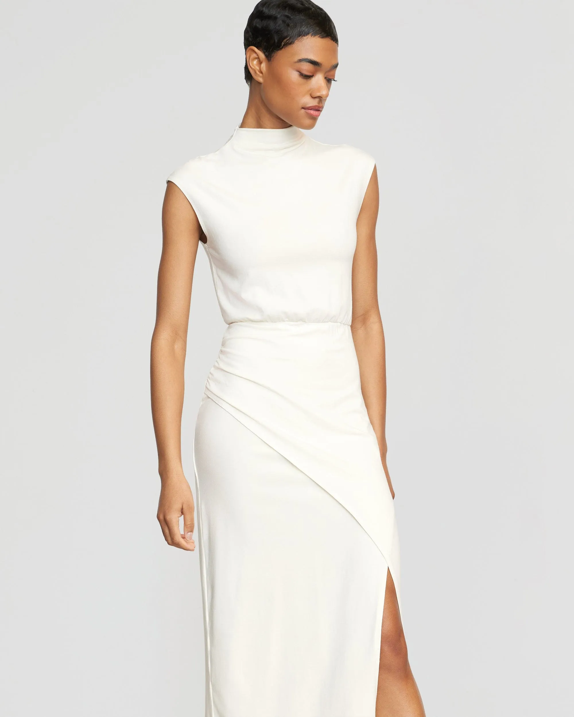 Yimei Mock-Neck Side-Slit Dress